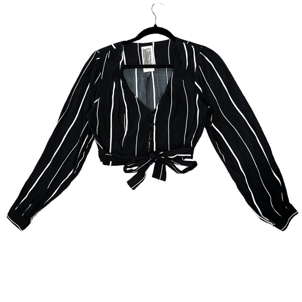 Free people black and white striped long sleeve crop top with front knot